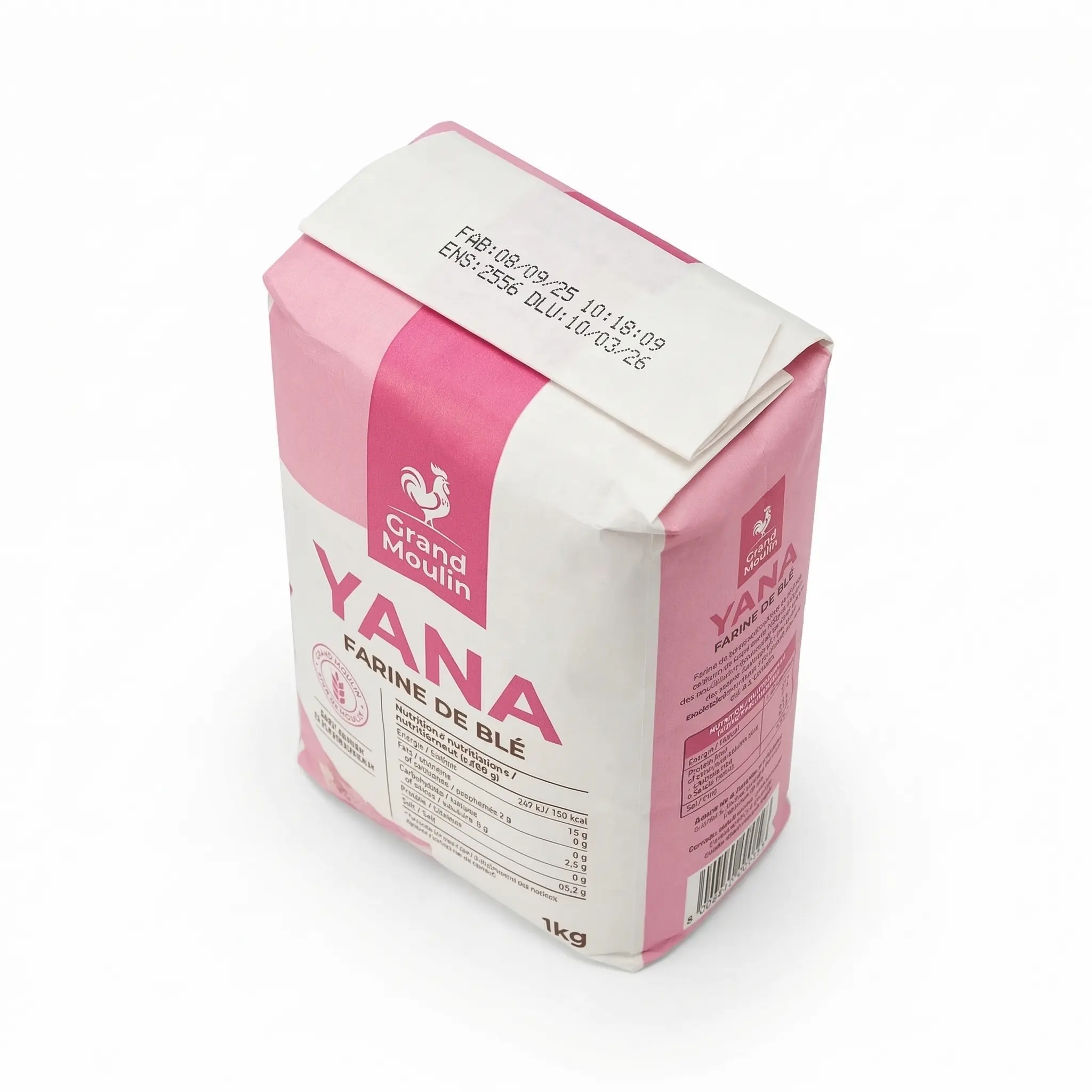 Vue dessus paquet farine Yana 1kg sachet scellé prêt usage